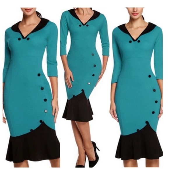 Rockabilly Pin Up Vintage Style Teal & Black Dress - Picture 2 of 8